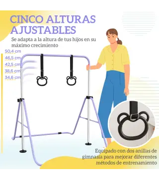 Barra de Gimnasia para Niños Altura Ajustable en 5 Niveles y Anillos Entrenamiento de Gimnasia Plegable en Casa Púrpura