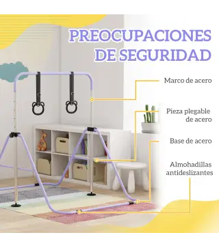 Barra de Gimnasia para Niños Altura Ajustable en 5 Niveles y Anillos Entrenamiento de Gimnasia Plegable en Casa Púrpura