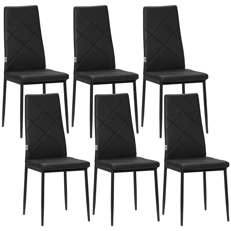 Set de 6 Sillas de Comedor Tapizadas de Cuero Sintético con Respaldo Alto y Patas de Acero 41x50x97 cm Negro