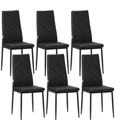 Set de 6 Sillas de Comedor Tapizadas de Cuero Sintético con Respaldo Alto y Patas de Acero 41x50x97 cm Negro