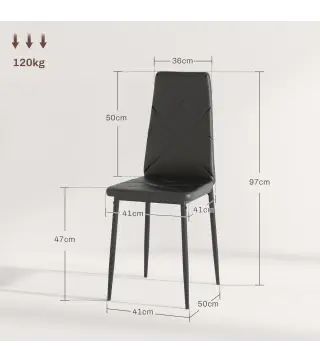 Set de 6 Sillas de Comedor Tapizadas de Cuero Sintético con Respaldo Alto y Patas de Acero 41x50x97 cm Negro