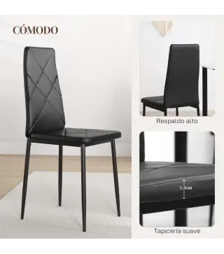 Set de 6 Sillas de Comedor Tapizadas de Cuero Sintético con Respaldo Alto y Patas de Acero 41x50x97 cm Negro