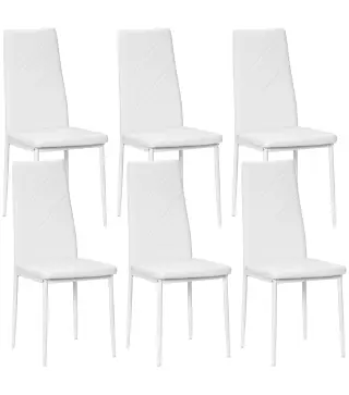 Set de 6 Sillas de Comedor Tapizadas de Cuero Sintético con Respaldo Alto y Patas de Acero 41x50x97 cm Blanco
