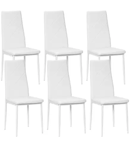 Set de 6 Sillas de Comedor Tapizadas de Cuero Sintético con Respaldo Alto y Patas de Acero 41x50x97 cm Blanco
