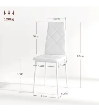 Set de 6 Sillas de Comedor Tapizadas de Cuero Sintético con Respaldo Alto y Patas de Acero 41x50x97 cm Blanco