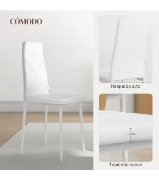 Set de 6 Sillas de Comedor Tapizadas de Cuero Sintético con Respaldo Alto y Patas de Acero 41x50x97 cm Blanco
