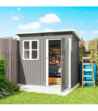 Caseta de Jardín 221x133x190 cm Cobertizo de Exterior Metálico para Almacenamiento de Herramientas Gris Oscuro