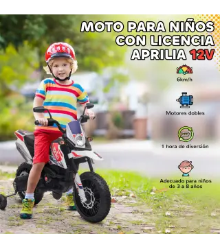 Moto Eléctrica para Niños 12V con Licencia Aprilia con Ruedas Auxiliares Desmontables 6 km/h Suspensión Trasera Blanco