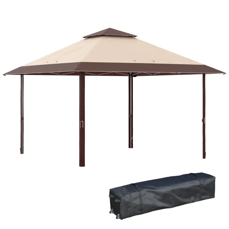 Carpa Plegable 3,85x3,85 m con Doble Techo Altura Ajustable y Bolsa de Transporte Impermeable Anti-UV Caqui y Café