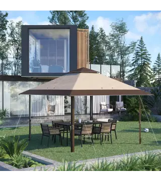 Carpa Plegable 3,85x3,85 m con Doble Techo Altura Ajustable y Bolsa de Transporte Impermeable Anti-UV Caqui y Café