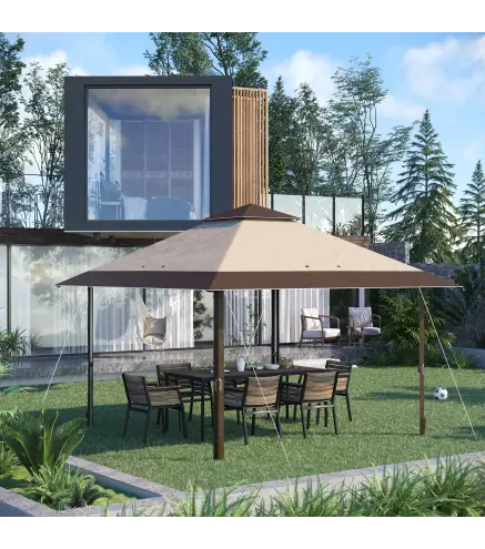 Carpa Plegable 3,85x3,85 m con Doble Techo Altura Ajustable y Bolsa de Transporte Impermeable Anti-UV Caqui y Café