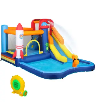 Castillo Hinchable 5 en 1 con Tobogán Piscina de Chapoteo y Cañón de Agua con Inflador de 550W y Bolsa de Transporte