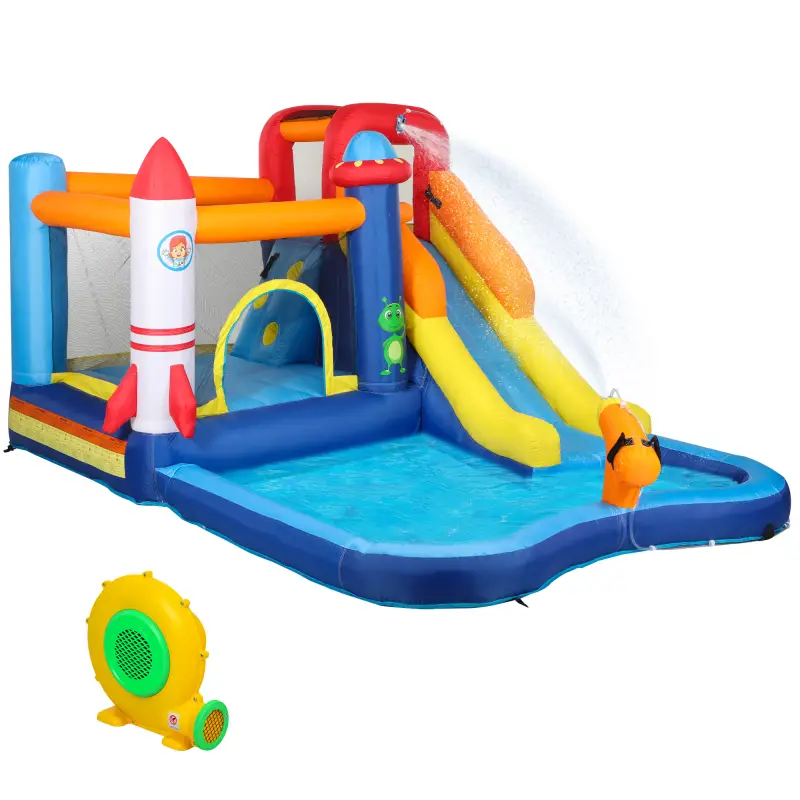 Castillo Hinchable 5 en 1 con Tobogán Piscina de Chapoteo y Cañón de Agua con Inflador de 550W y Bolsa de Transporte