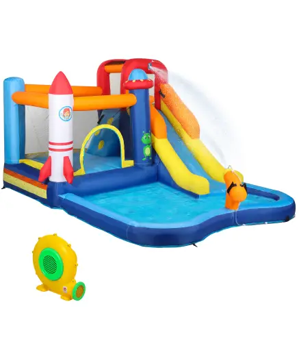 Castillo Hinchable 5 en 1 con Tobogán Piscina de Chapoteo y Cañón de Agua con Inflador de 550W y Bolsa de Transporte