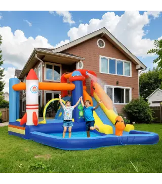 Castillo Hinchable 5 en 1 con Tobogán Piscina de Chapoteo y Cañón de Agua con Inflador de 550W y Bolsa de Transporte