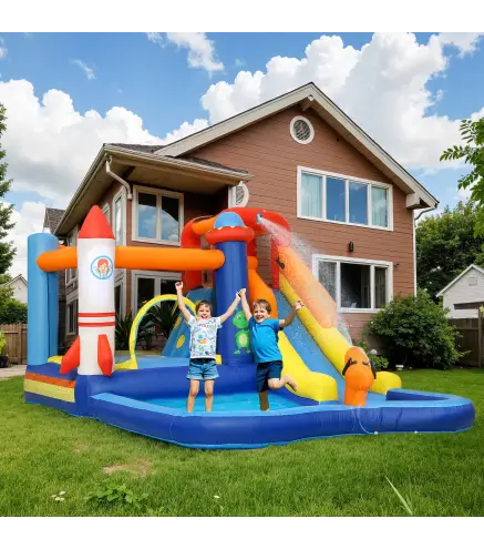 Castillo Hinchable 5 en 1 con Tobogán Piscina de Chapoteo y Cañón de Agua con Inflador de 550W y Bolsa de Transporte