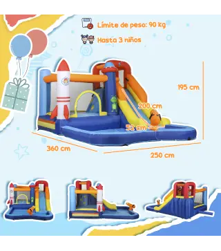 Castillo Hinchable 5 en 1 con Tobogán Piscina de Chapoteo y Cañón de Agua con Inflador de 550W y Bolsa de Transporte