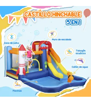 Castillo Hinchable 5 en 1 con Tobogán Piscina de Chapoteo y Cañón de Agua con Inflador de 550W y Bolsa de Transporte
