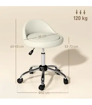 Taburete con Ruedas Taburete Giratoria con Altura Ajustable Taburete Cosmética Dentista Peluqueria Ø50x63-83 cm Blanco
