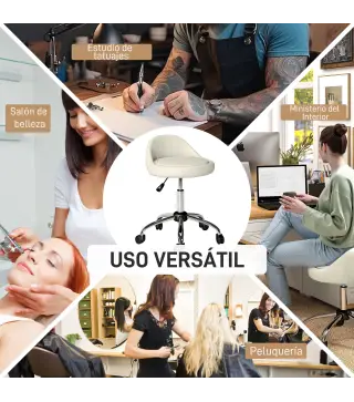 Taburete con Ruedas Taburete Giratoria con Altura Ajustable Taburete Cosmética Dentista Peluqueria Ø50x63-83 cm Blanco