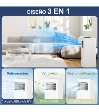 Aire Acondicionado Portátil 3 en 1 con Deshumidificador Ventilador y Kit de Ventana Fácil de Mover 30x29x69 cm Blanco