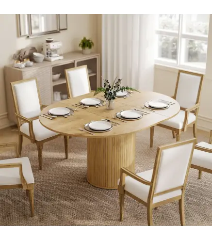Mesa de Comedor Extensible Redonda para 6-8 Personas con Base Estriada para Salón 110-150x110x75 cm Madera Natural