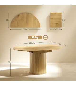 Mesa de Comedor Extensible Redonda para 6-8 Personas con Base Estriada para Salón 110-150x110x75 cm Madera Natural