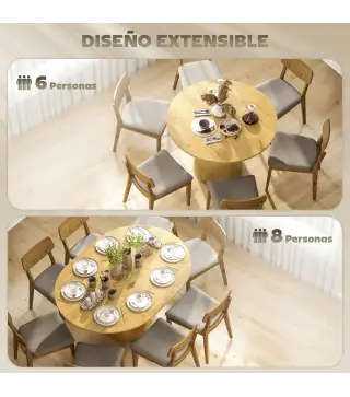 Mesa de Comedor Extensible Redonda para 6-8 Personas con Base Estriada para Salón 110-150x110x75 cm Madera Natural