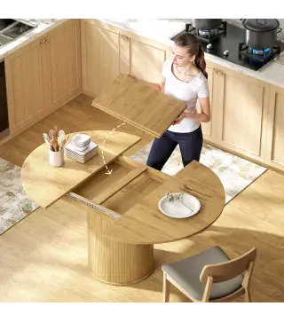 Mesa de Comedor Extensible Redonda para 6-8 Personas con Base Estriada para Salón 110-150x110x75 cm Madera Natural