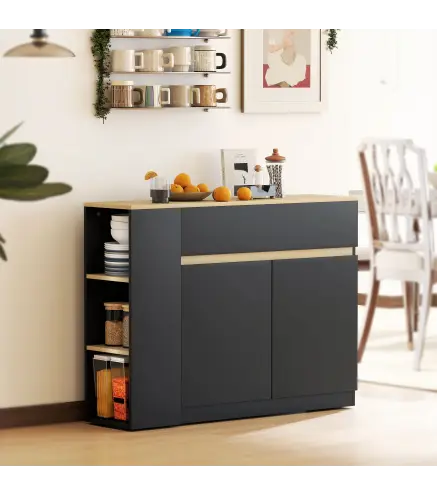 Aparador de Cocina Armario de Cocina con 2 Cajones 3 Estantes Abiertos 2 Puertas Estante Ajustable 110x29,5x82 cm Negro