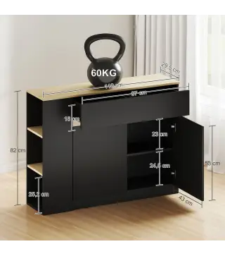 Aparador de Cocina Armario de Cocina con 2 Cajones 3 Estantes Abiertos 2 Puertas Estante Ajustable 110x29,5x82 cm Negro