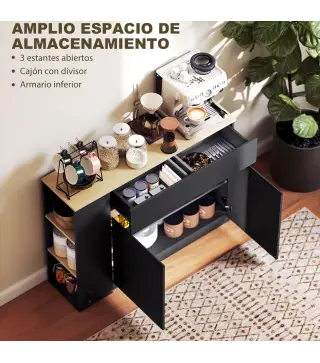 Aparador de Cocina Armario de Cocina con 2 Cajones 3 Estantes Abiertos 2 Puertas Estante Ajustable 110x29,5x82 cm Negro