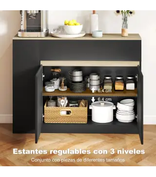 Aparador de Cocina Armario de Cocina con 2 Cajones 3 Estantes Abiertos 2 Puertas Estante Ajustable 110x29,5x82 cm Negro