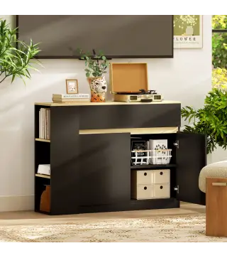 Aparador de Cocina Armario de Cocina con 2 Cajones 3 Estantes Abiertos 2 Puertas Estante Ajustable 110x29,5x82 cm Negro