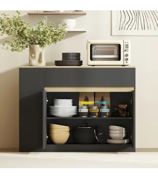 Aparador de Cocina Armario de Cocina con 2 Cajones 3 Estantes Abiertos 2 Puertas Estante Ajustable 110x29,5x82 cm Negro