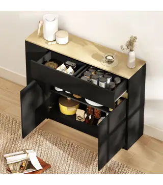 Aparador de Cocina Armario de Cocina con 2 Cajones 3 Estantes Abiertos 2 Puertas Estante Ajustable 110x29,5x82 cm Negro