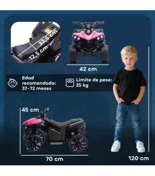 Quad Eléctrico para Niños 6 V Quad para Niños de 37 a 72 Meses Velocidad hasta 3 km/h Faros y Música 70x42x45 cm Rosa