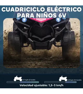 Quad Eléctrico para Niños 6 V Quad para Niños de 37 a 72 Meses Velocidad hasta 3 km/h Faros y Música 70x42x45 cm Rosa