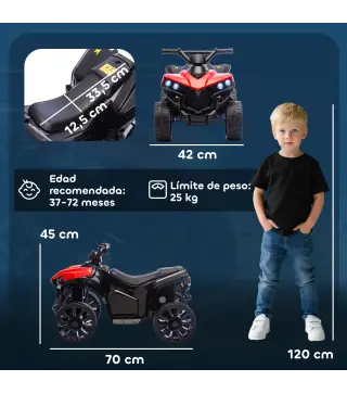 Quad Eléctrico para Niños 6 V Quad para Niños de 37 a 72 Meses Velocidad hasta 3 km/h Faros y Música 70x42x45 cm Rojo
