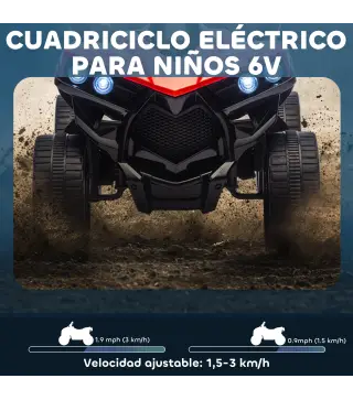 Quad Eléctrico para Niños 6 V Quad para Niños de 37 a 72 Meses Velocidad hasta 3 km/h Faros y Música 70x42x45 cm Rojo