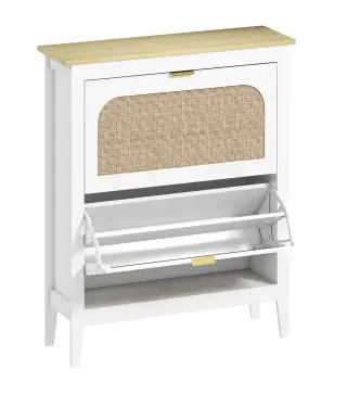 Zapatero Estrecho con 2 Puertas de Ratán Estantes Ajustables para 14 Pares de Zapatos 80x24x95,5 cm Blanco