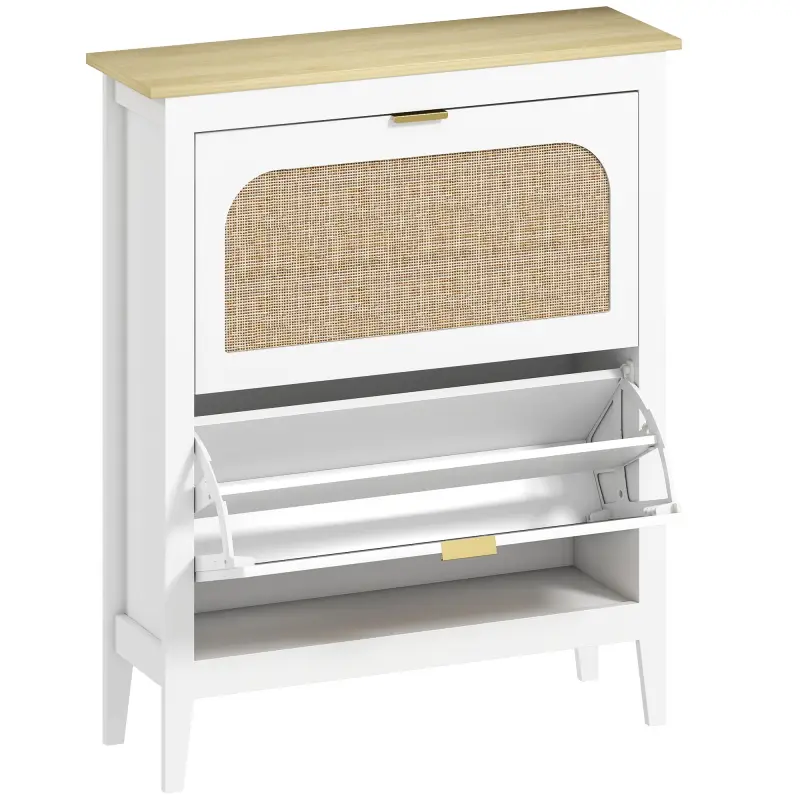 Zapatero Estrecho con 2 Puertas de Ratán Estantes Ajustables para 14 Pares de Zapatos 80x24x95,5 cm Blanco