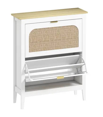 Zapatero Estrecho con 2 Puertas de Ratán Estantes Ajustables para 14 Pares de Zapatos 80x24x95,5 cm Blanco