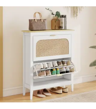 Zapatero Estrecho con 2 Puertas de Ratán Estantes Ajustables para 14 Pares de Zapatos 80x24x95,5 cm Blanco