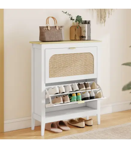 Zapatero Estrecho con 2 Puertas de Ratán Estantes Ajustables para 14 Pares de Zapatos 80x24x95,5 cm Blanco