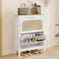 Zapatero Estrecho con 2 Puertas de Ratán Estantes Ajustables para 14 Pares de Zapatos 80x24x95,5 cm Blanco