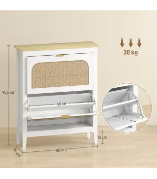 Zapatero Estrecho con 2 Puertas de Ratán Estantes Ajustables para 14 Pares de Zapatos 80x24x95,5 cm Blanco