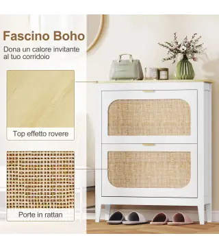 Zapatero Estrecho con 2 Puertas de Ratán Estantes Ajustables para 14 Pares de Zapatos 80x24x95,5 cm Blanco