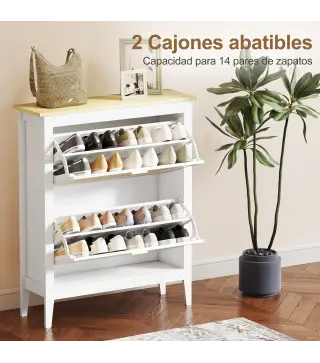Zapatero Estrecho con 2 Puertas de Ratán Estantes Ajustables para 14 Pares de Zapatos 80x24x95,5 cm Blanco