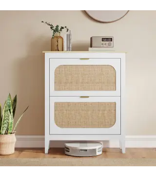 Zapatero Estrecho con 2 Puertas de Ratán Estantes Ajustables para 14 Pares de Zapatos 80x24x95,5 cm Blanco